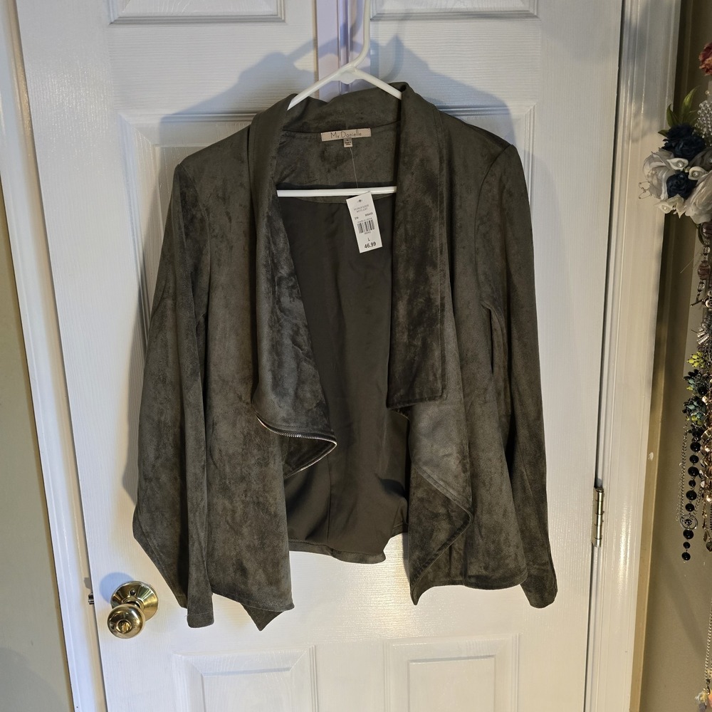 My Danielle Olive Green Faux Suede Moto Jacket Draped Open Front Womens Sz L NWT